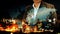 Portrait of a confident bearded businessman standing with his hands in pockets overlay night city landscape and world map backgro