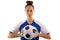 Portrait of confident biracial young female soccer player with soccer ball against white background