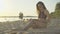 Portrait of confident concentrated woman sitting at sunset on sandy beach and using tablet. Wide shot of beautiful young