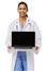 Portrait Of Confident Doctor Advertising Laptop