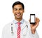 Portrait Of Confident Doctor Showing Smart Phone