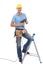 Portrait, construction and a DIY man in studio isolated on a white background with a ladder and drill. Building, design