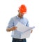 Portrait of construction engineer manager workers in orange hardhat and looking layout plan isolated on white background