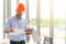 Portrait of construction engineer manager workers in orange hardhat and looking layout plan. posing standing in office. copy space