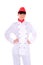 Portrait of a cook in chef clothes against white background