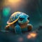 Portrait of a cosmic bioluminescent turtle, cute, adorable, big eyes, big head