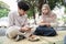 Portrait of couple eat traditional food of indonesia is nasi rames