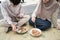 Portrait of couple eat traditional food of indonesia is nasi rames