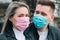 Portrait of a Couple of European appearance with medical masks.
