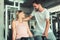 Portrait of Couple Love in Fitness Training With Bodybuilder Equipment., Young Couple Caucasian are Working Out and Training