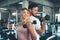 Portrait of Couple Love in Fitness Training With Dumbbell Equipment., Young Couple Caucasian are Working Out and Training Together