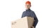 Portrait of courier with cardboard box in hand isolated on white background. Worker from the delivery service