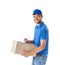 Portrait of courier fills paper on delivery box isolated on whit