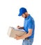 Portrait of courier fills paper on delivery box isolated on whit