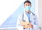 Portrait, covid and mockup with a doctor man writing on a clipboard in a hospital for insurance. Medical, healthcare and