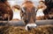 Portrait cows red jersey stand in stall eating hay. Dairy farm livestock industry