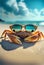 Portrait of a Crab i in sunglasses on the background of a tropical beach. AI generated