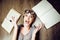 Portrait of crazy student girl in glasses with books and cockroaches, concept of modern education people, lifestyle