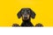 Portrait curious dachshund dog hanging over border of a board looking at camera. Isolated on yellow white background