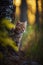 Portrait of a curious domestic cat in the forest. The animal sits in tall grass and between trees.