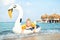 Portrait cute adorable caucasian preschooler blond girl enjoy relaxing with inflatable toy at beach of ocean or sea resort.