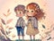 Portrait of cute anime kids, autumn watercolor painting, boy and girl standing together, two characters, printable art