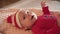 Portrait of a Cute Baby Santa lying in a suit of Santa Claus, in a red hat, red pajamas. Christmas concept. Beautiful