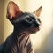 Portrait of a cute black Sphynx kitten looking to the side. Closeup face of an adorable small Sphynx kitty at home. Portrait of