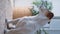 Portrait of a cute calm Jack Russell dog sitting on a mat near a large window with green plants