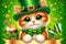 Portrait cute cat wearing green St. Patrick's day top hat and bow tie