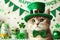 Portrait cute cat wearing green St. Patrick's day top hat and bow tie