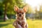 Portrait of cute chihuahua puppy in park on summer sunny day. owner carefully holds dog in his arms