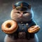 A portrait of a cute fat police cat with two donuts. Created with Generative AI