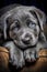 Portrait of cute grey puppy with blue eyes lying on sitting, created using generative ai technology