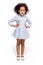 Portrait of a cute little african american girl in a blue dress, isolated on white background.