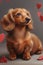 Portrait of cute little dachshund on gray background with hearts, red and longhaired wiener dog