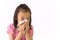 Portrait of cute little girl blowing nose in paper handkerchief,Asian girl sneezing in a tissue isolated on white background,hay