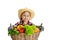 Portrait of cute little girl, emotive kid in image of farmer, gardener with large basket of vegetables isolated on white