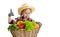 Portrait of cute little girl, emotive kid in image of farmer, gardener with large basket of vegetables isolated on white