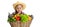Portrait of cute little girl, emotive kid in image of farmer, gardener with large basket of vegetables isolated on white