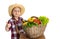 Portrait of cute little girl, emotive kid in image of farmer, gardener with large basket of vegetables isolated on white