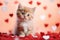 Portrait of a cute little stripped fluffy domestic cat on a red background with love hearts
