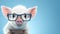 Portrait of a cute piglet in glasses on blue background