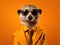 Portrait of a cute posing stylish meerkat in vibrant business suit wearing sunglasses, light orange background