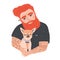 Portrait of cute redhead bearded man with tattoos holding his dog or puppy. Funny male cartoon character embracing