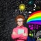 Portrait of cute redhead kid with light bulb. Curious child with colorful science and arts scetch. Kids education concept