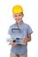 Portrait of cute smiling boy wearing blue checkered shirt and yellow hardhat, holding opened toolbox, white background