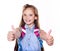Portrait of cute smiling happy little school girl child teenager with two fingers up and backpack