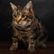 Portrait of a cute tabby kitten sitting on the floor.