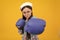 Portrait of a cute teenage boxer girl on yellow isolated background. Funny winner child girl. Success, leader concept.